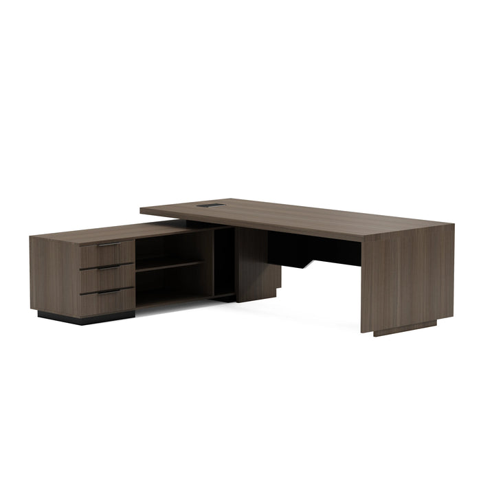 Arcadia Large Upscale Natural Dark Brown Oak Professional and Home L-shaped Executive Office Desk with Cabinets, Drawers, Cable Management, Baffle, and Return Desk