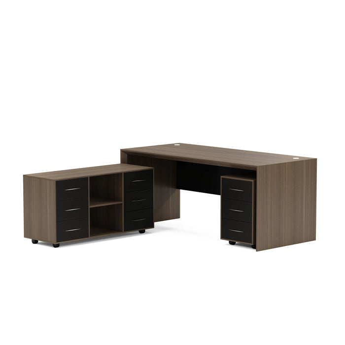 Arcadia Mid-sized Upscale Natural Light Oak Professional and Home Executive Office Desk Set with Mobile Cabinets, Drawers, and Cable Management