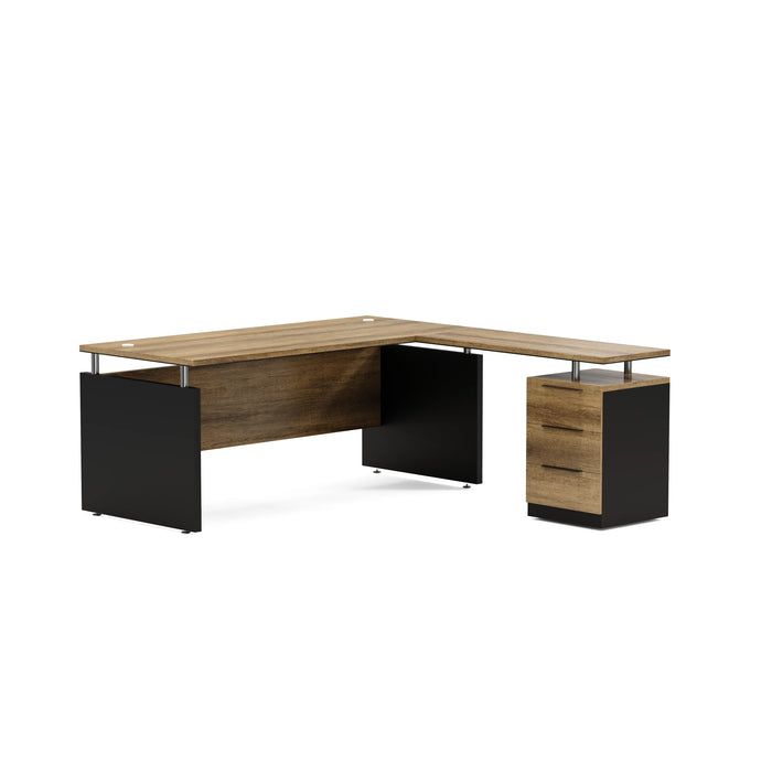 Arcadia Modern Upscale Natural Dark Brown Oak Professional and Home L-shaped Executive Office Desk with Cabinets, Drawers, Cable Management, and Return Desk