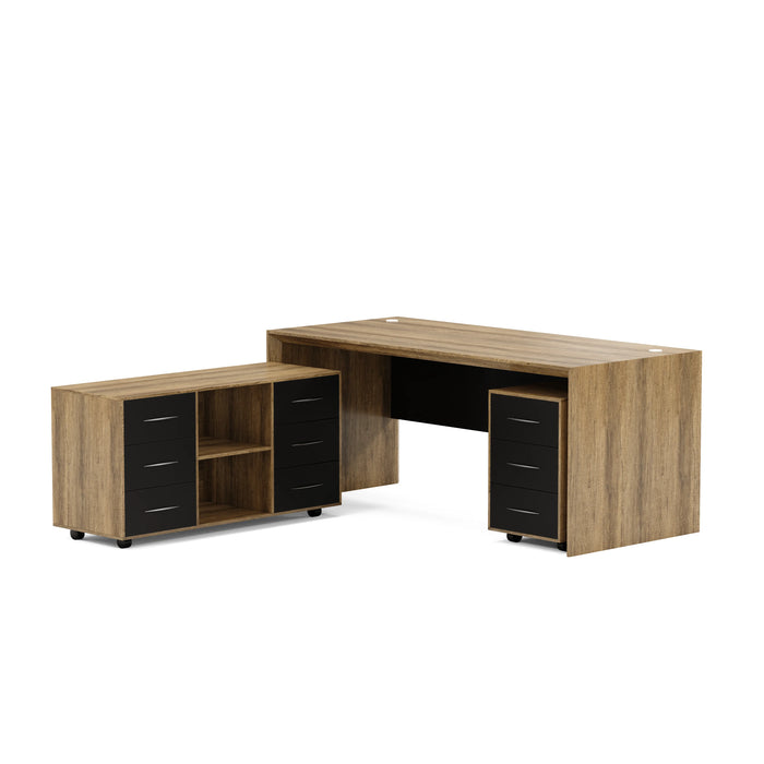 Arcadia Mid-sized Upscale Natural Light Oak Professional and Home Executive Office Desk Set with Mobile Cabinets, Drawers, and Cable Management