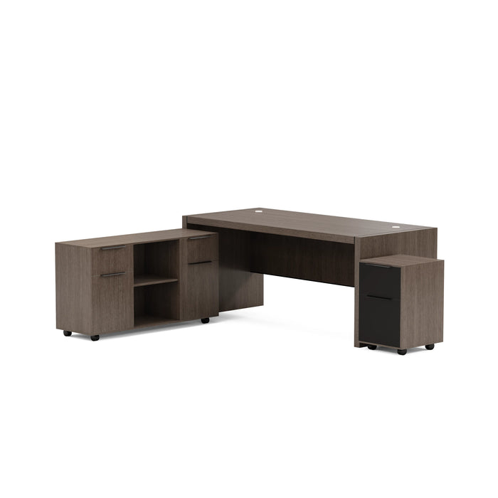 Arcadia Mid-sized Upscale Natural Dark Brown Oak Professional and Home Executive Office Desk Set with Mobile File Cabinets, Drawers, and Cable Management