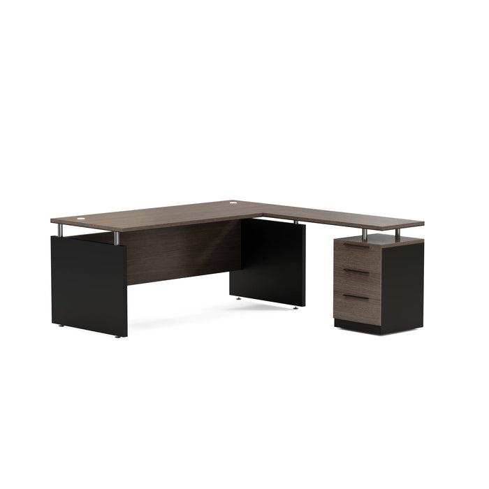 Arcadia Modern Upscale Natural Dark Brown Oak Professional and Home L-shaped Executive Office Desk with Cabinets, Drawers, Cable Management, and Return Desk