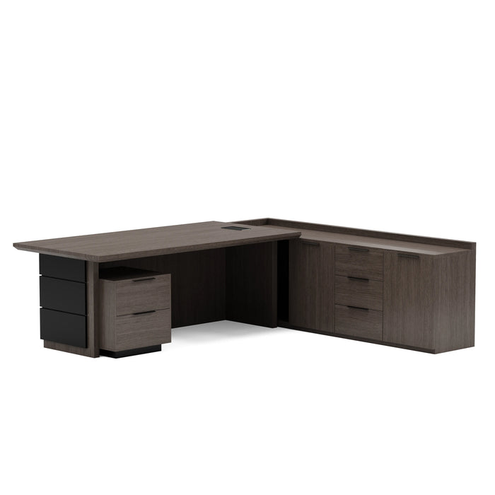 Arcadia Large Upscale Natural Dark Brown Oak Professional and Home L-shaped Executive Office Desk with Cabinets, Drawers, Cable Management, and Return Desk