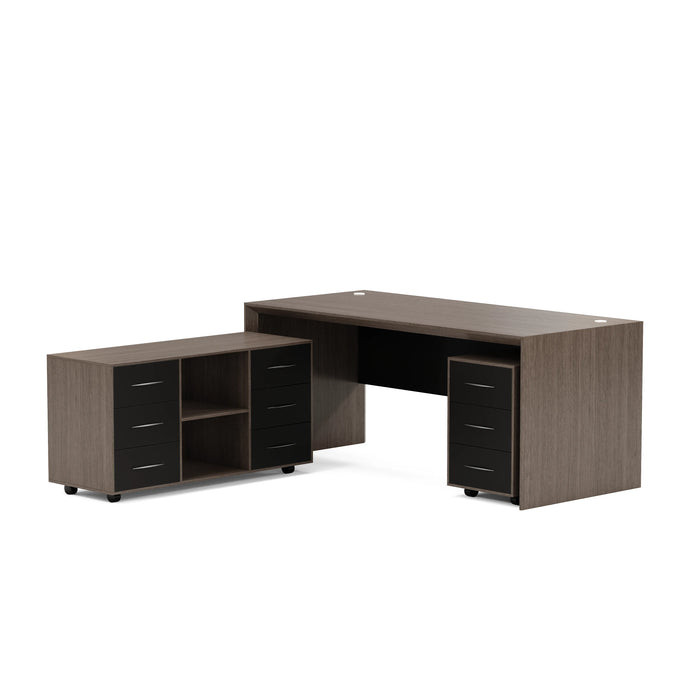 Arcadia Mid-sized Upscale Natural Light Oak Professional and Home Executive Office Desk Set with Mobile Cabinets, Drawers, and Cable Management