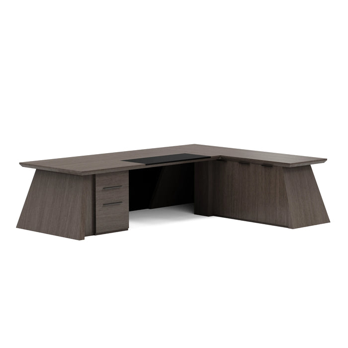 Arcadia Large Upscale Natural Dark Brown Oak Professional and Home L-shaped Executive Office Desk with Cabinets, Drawers, and Return Desk