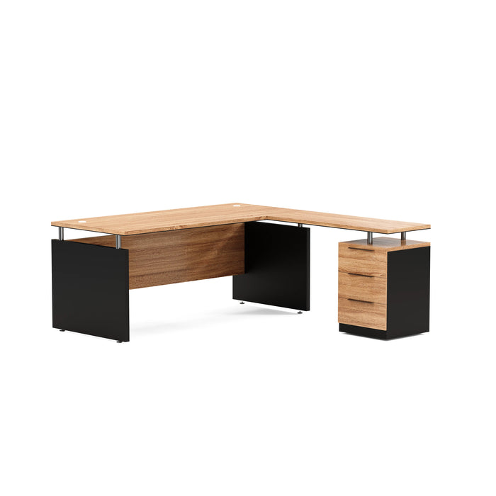 Arcadia Modern Upscale Natural Dark Brown Oak Professional and Home L-shaped Executive Office Desk with Cabinets, Drawers, Cable Management, and Return Desk