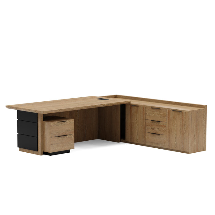 Arcadia Large Upscale Natural Dark Brown Oak Professional and Home L-shaped Executive Office Desk with Cabinets, Drawers, Cable Management, and Return Desk