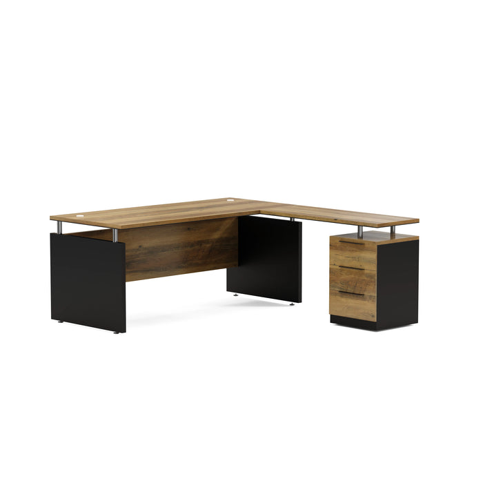 Arcadia Modern Upscale Natural Dark Brown Oak Professional and Home L-shaped Executive Office Desk with Cabinets, Drawers, Cable Management, and Return Desk