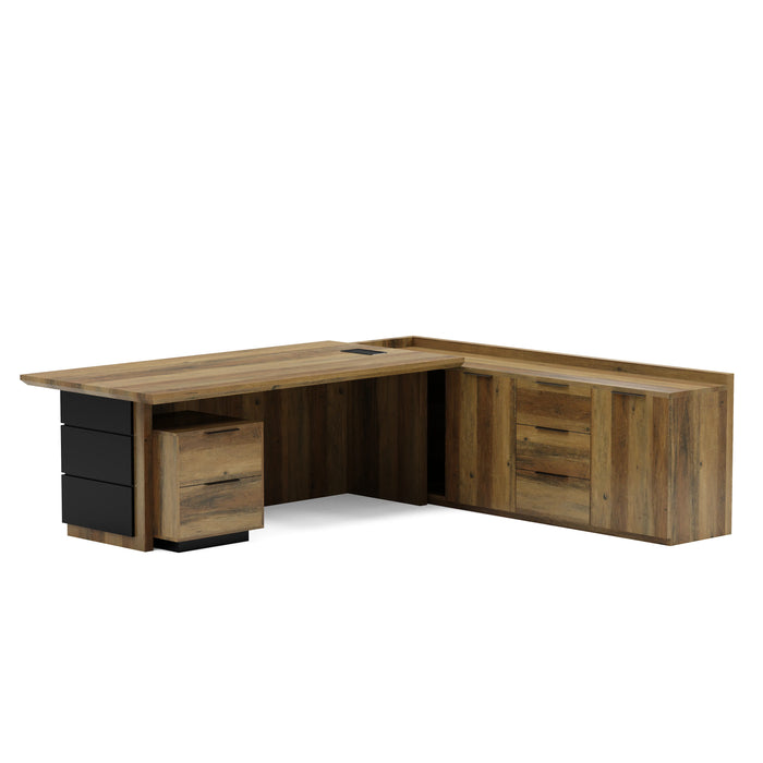 Arcadia Large Upscale Natural Dark Brown Oak Professional and Home L-shaped Executive Office Desk with Cabinets, Drawers, Cable Management, and Return Desk