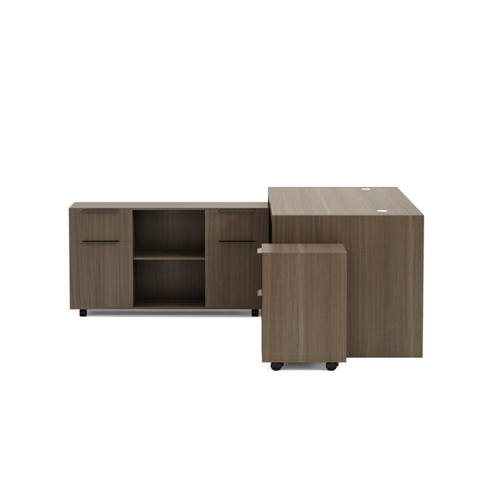 Arcadia Mid-sized Upscale Natural Dark Brown Oak Professional and Home Executive Office Desk Set with Mobile File Cabinets, Drawers, and Cable Management