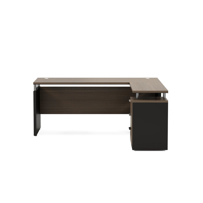 Arcadia Modern Upscale Natural Dark Brown Oak Professional and Home L-shaped Executive Office Desk with Cabinets, Drawers, Cable Management, and Return Desk