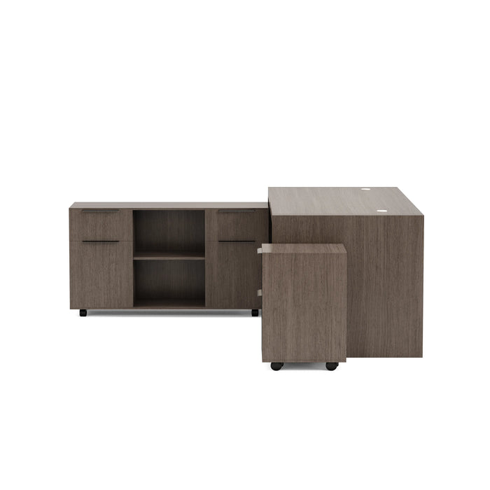 Arcadia Mid-sized Upscale Natural Dark Brown Oak Professional and Home Executive Office Desk Set with Mobile File Cabinets, Drawers, and Cable Management