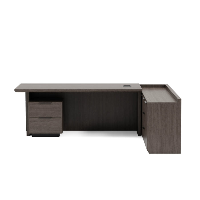 Arcadia Large Upscale Natural Dark Brown Oak Professional and Home L-shaped Executive Office Desk with Cabinets, Drawers, Cable Management, and Return Desk