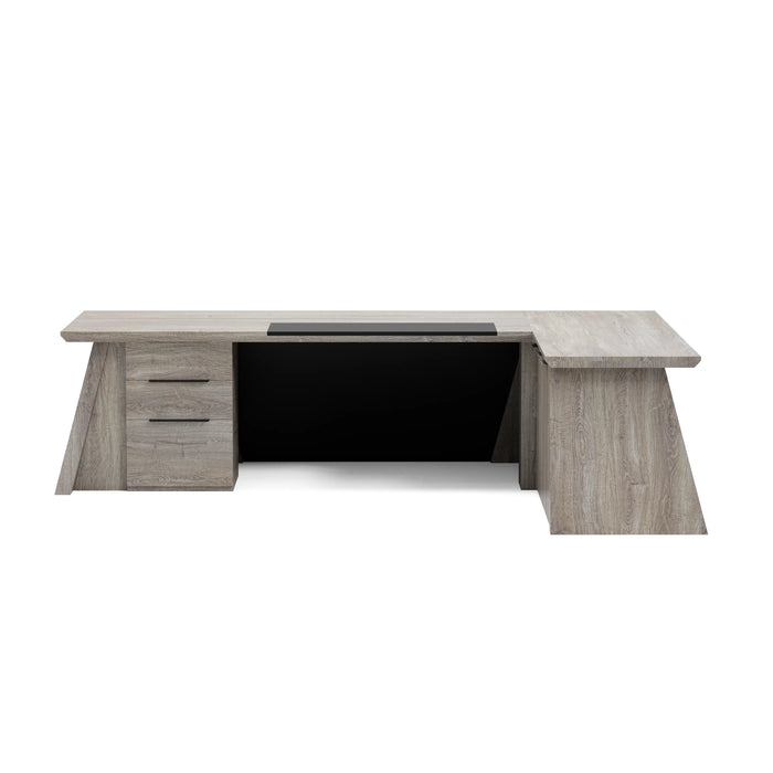 Arcadia Large Upscale Natural Dark Brown Oak Professional and Home L-shaped Executive Office Desk with Cabinets, Drawers, and Return Desk