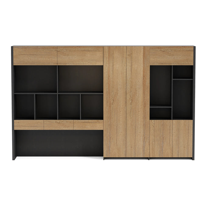 Arcadia Sleek Oak Beige Home and Professional Bookshelf Library Wall Shelving Storage Unit with Cabinets and Drawers