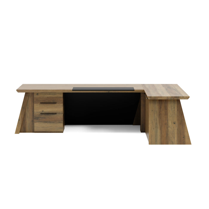 Arcadia Large Upscale Natural Dark Brown Oak Professional and Home L-shaped Executive Office Desk with Cabinets, Drawers, and Return Desk