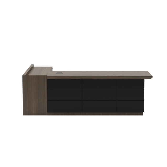 Arcadia Large Upscale Natural Dark Brown Oak Professional and Home L-shaped Executive Office Desk with Cabinets, Drawers, Cable Management, and Return Desk