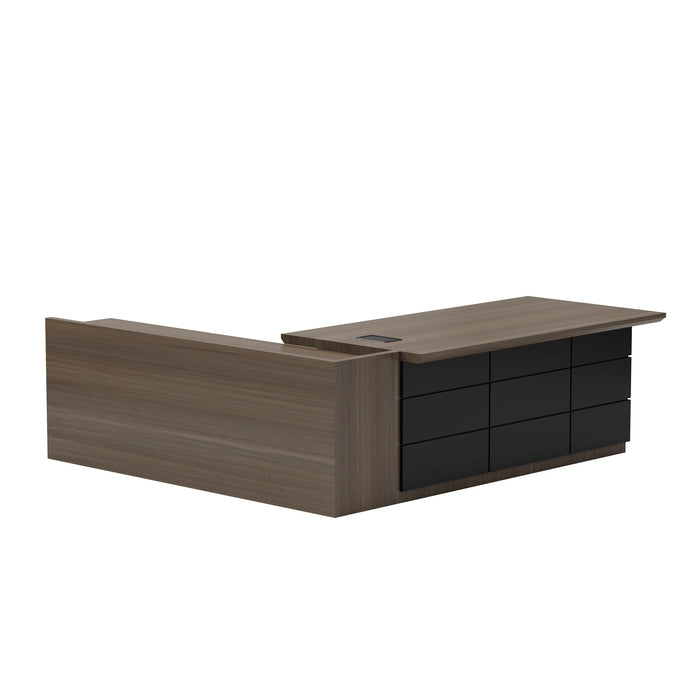 Arcadia Large Upscale Natural Dark Brown Oak Professional and Home L-shaped Executive Office Desk with Cabinets, Drawers, Cable Management, and Return Desk