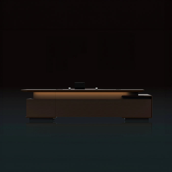 Arcadia 大型高端金橡木行政 L 形转角家庭办公桌，带抽屉和储物空间、USB 充电端口和指纹锁