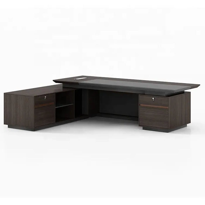 Arcadia Large Modern Ashwood Mocha Executive L-shaped Home Office Desk with Drawers and Storage, Cable Management, and Password Lock