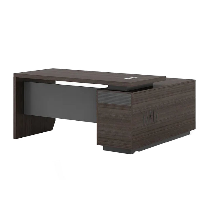 Arcadia Large Modern Teak Stone Mocha Executive L-shaped Home Office Desk with Drawers and Storage, Cable Management, and Password Lock