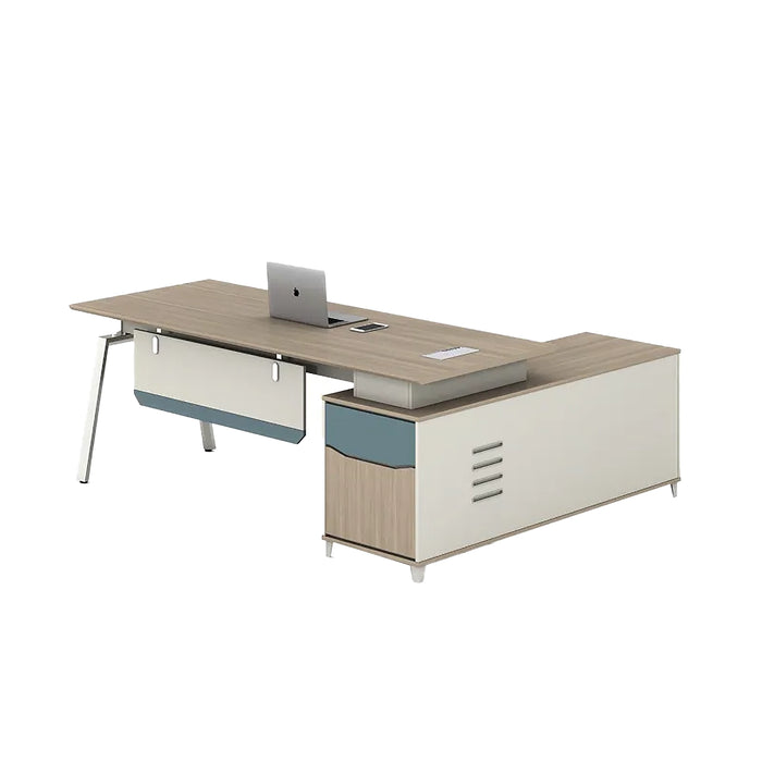 Arcadia Large Modern Cherry Mist Executive L-shaped Home Office Desk with Drawers and Storage, Cable Management, and Password Lock