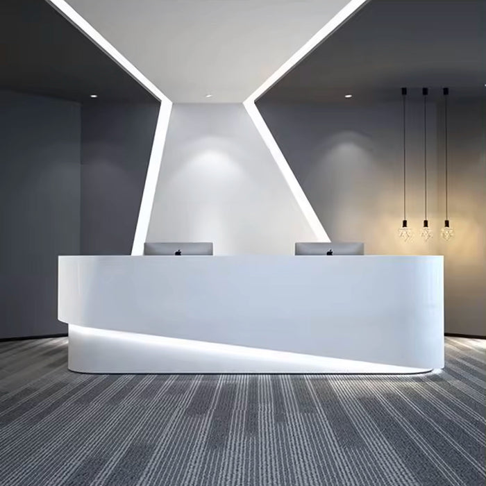 Arcadia Large Modern Crystal Gloss White Front Reception Desk with Dual Workstation for Lobbies and Waiting Rooms