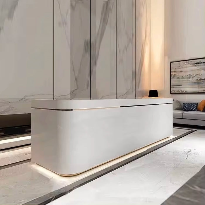 Arcadia Large High-End Daisy White & Rose Gold Elegance Front Reception Desk with Triple Workstation for Lobbies and Waiting Rooms