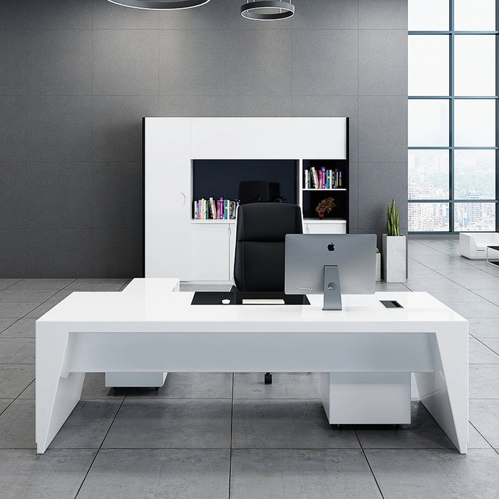 Arcadia Mid-Sized Modern Frosted White Executive L-shaped Home Office Desk with Drawers and Storage, and Cable Management