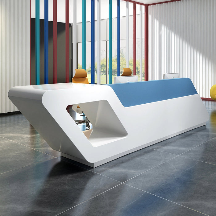 Arcadia Large Modern Ice Blue and White Front Reception Desk with Workstation for Lobbies and Waiting Rooms