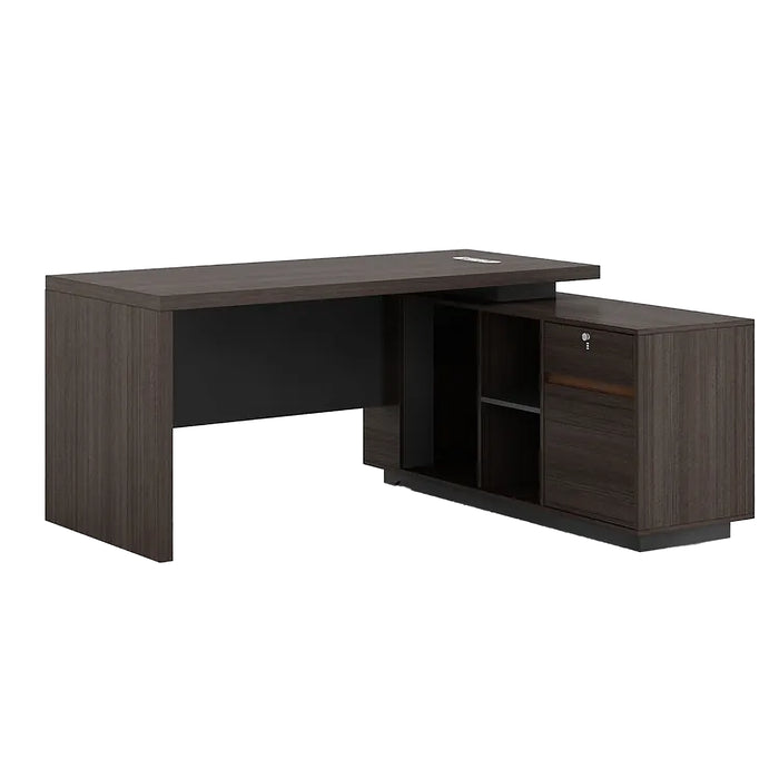 Arcadia Large Modern Teak Stone Mocha Executive L-shaped Home Office Desk with Drawers and Storage, Cable Management, and Password Lock