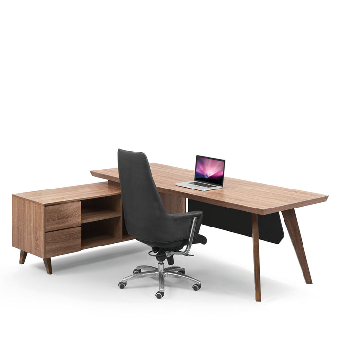 Arcadia 中型高档自然浅橡木专业和家庭 L 形行政办公桌，带橱柜、抽屉、电缆管理和回程台