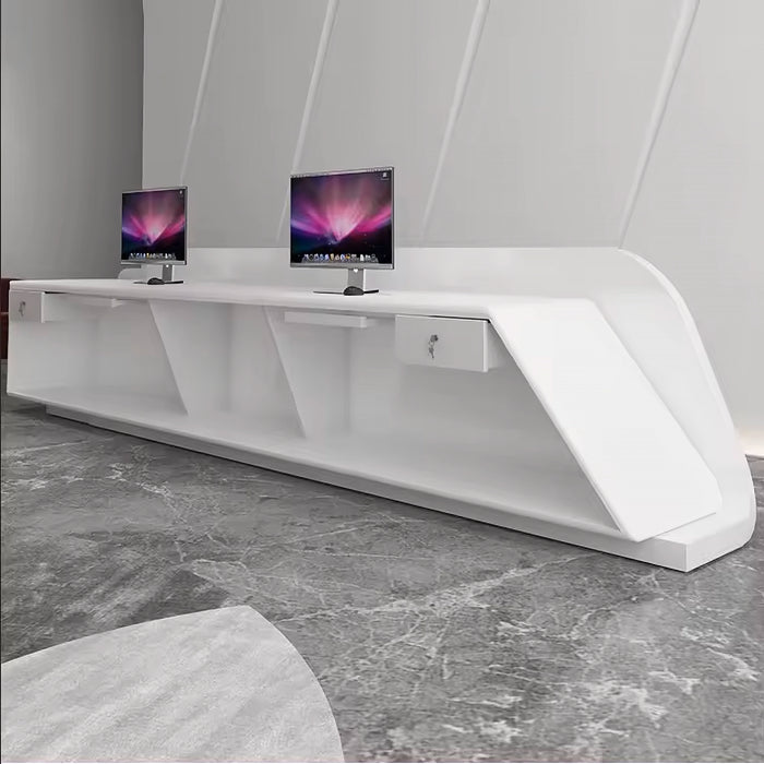 Arcadia Large High-End Classic Alabaster White Front Reception Desk with Triple Workstation for Lobbies and Waiting Rooms