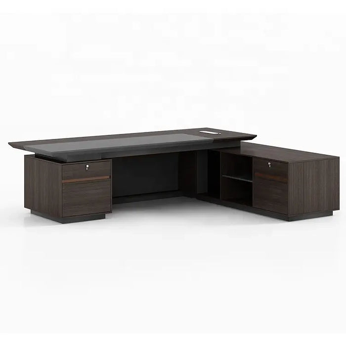 Arcadia Large Modern Ashwood Mocha Executive L-shaped Home Office Desk with Drawers and Storage, Cable Management, and Password Lock