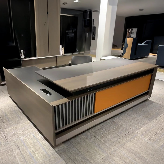 Arcadia 正式大型专业棕色行政 L 形商务和家庭办公桌，带抽屉和存储空间、电缆管理、密码锁和金属挡板