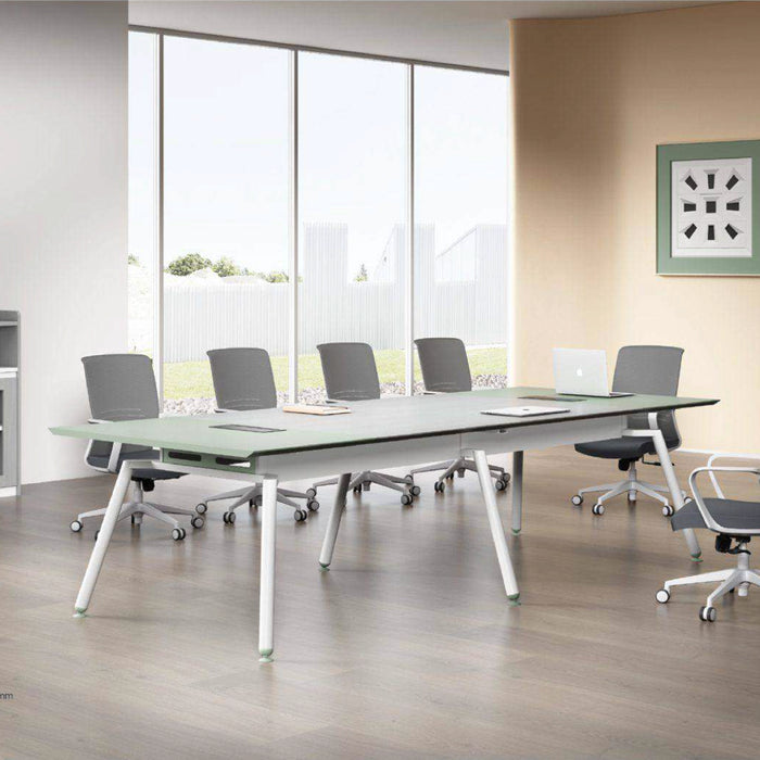 Mesa de conferencias Arcadia de alta gama (de 8 a 9 pies, con capacidad para 10 a 14 personas) en blanco y gris para salas de reuniones