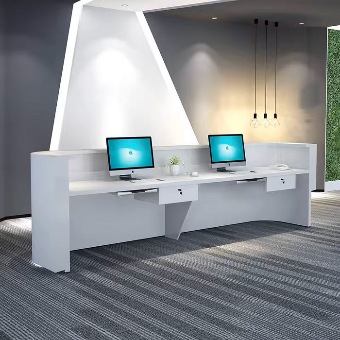 Arcadia Large Modern Crystal Gloss White Front Reception Desk with Dual Workstation for Lobbies and Waiting Rooms