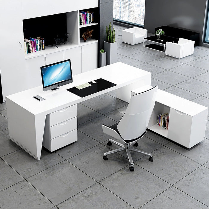 Arcadia Mid-Sized Modern Frosted White Executive L-shaped Home Office Desk with Drawers and Storage, and Cable Management