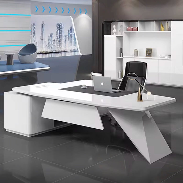 Arcadia Mid-Sized High-End Winter White Executive L-shaped Home Office Desk with Drawers and Storage, and Cable Management