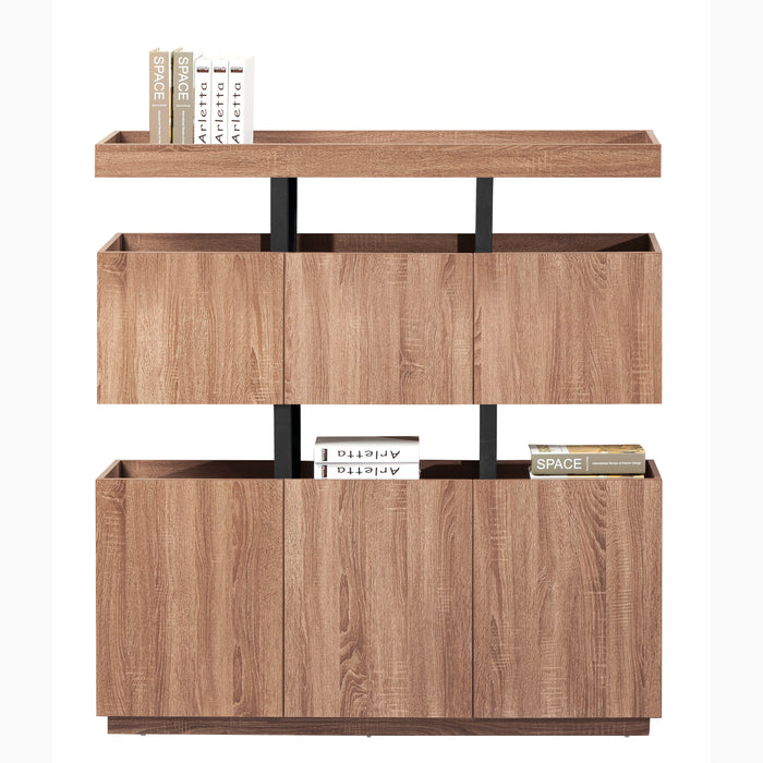 Arcadia Sleek Bold Natural Brown Oak Home and Professional Bookshelf Library Wall Shelving Open Storage Unit with Drawers and Cabinets