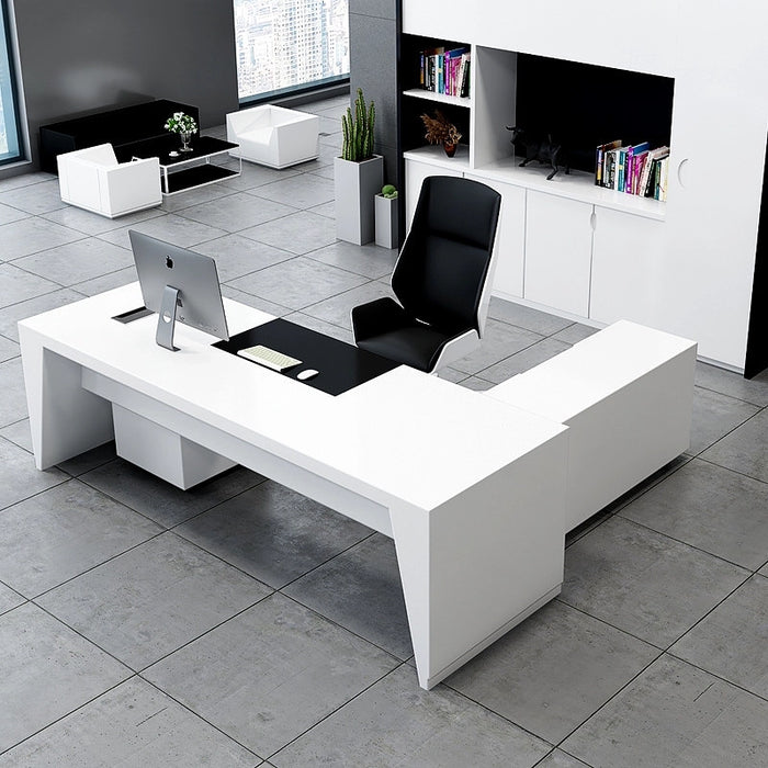 Arcadia Mid-Sized Modern Frosted White Executive L-shaped Home Office Desk with Drawers and Storage, and Cable Management