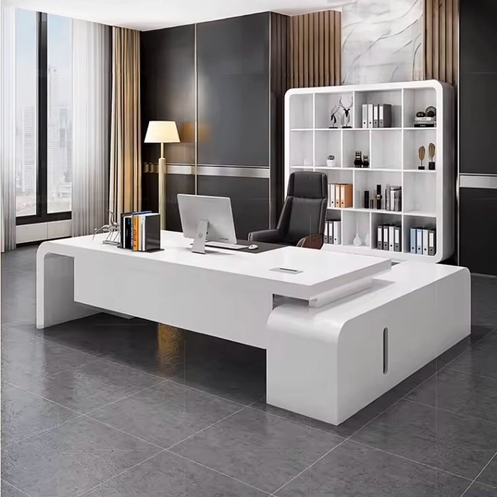 Arcadia Mid-Sized Modern Arctic White Executive L-shaped Home Office Desk with Drawers and Storage, and Cable Management