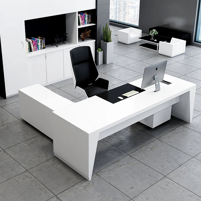 Arcadia Mid-Sized Modern Frosted White Executive L-shaped Home Office Desk with Drawers and Storage, and Cable Management