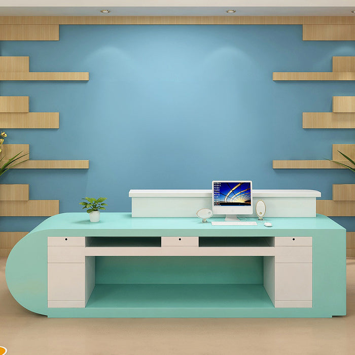 Arcadia Large Modern Turquoise Breeze on Pearl White Front Reception Desk with Dual Workstation for Lobbies and Waiting Rooms