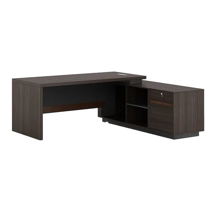 Arcadia Large Modern Teak Ash Brew Executive L-shaped Home Office Desk with Drawers and Storage, Cable Management, and Password Lock