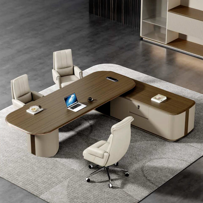 Arcadia 中型高端米色棕褐色和橡木棕色行政 L 形家庭办公桌，带抽屉和储物空间、电缆管理和无线充电