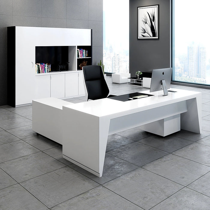 Arcadia Mid-Sized Modern Frosted White Executive L-shaped Home Office Desk with Drawers and Storage, and Cable Management