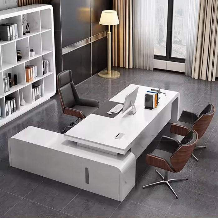 Arcadia Mid-Sized Modern Arctic White Executive L-shaped Home Office Desk with Drawers and Storage, and Cable Management