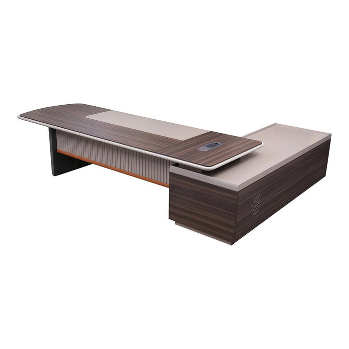 Arcadia Mid-sized Modern Teak Blaze Executive L-shaped Home Office Desk with Drawers and Storage, and Cable Management