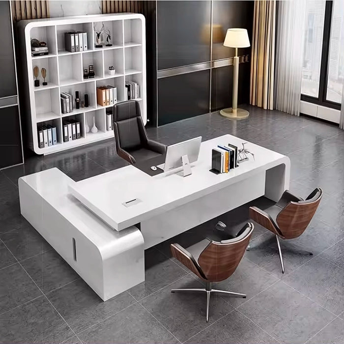 Arcadia Mid-Sized Modern Arctic White Executive L-shaped Home Office Desk with Drawers and Storage, and Cable Management